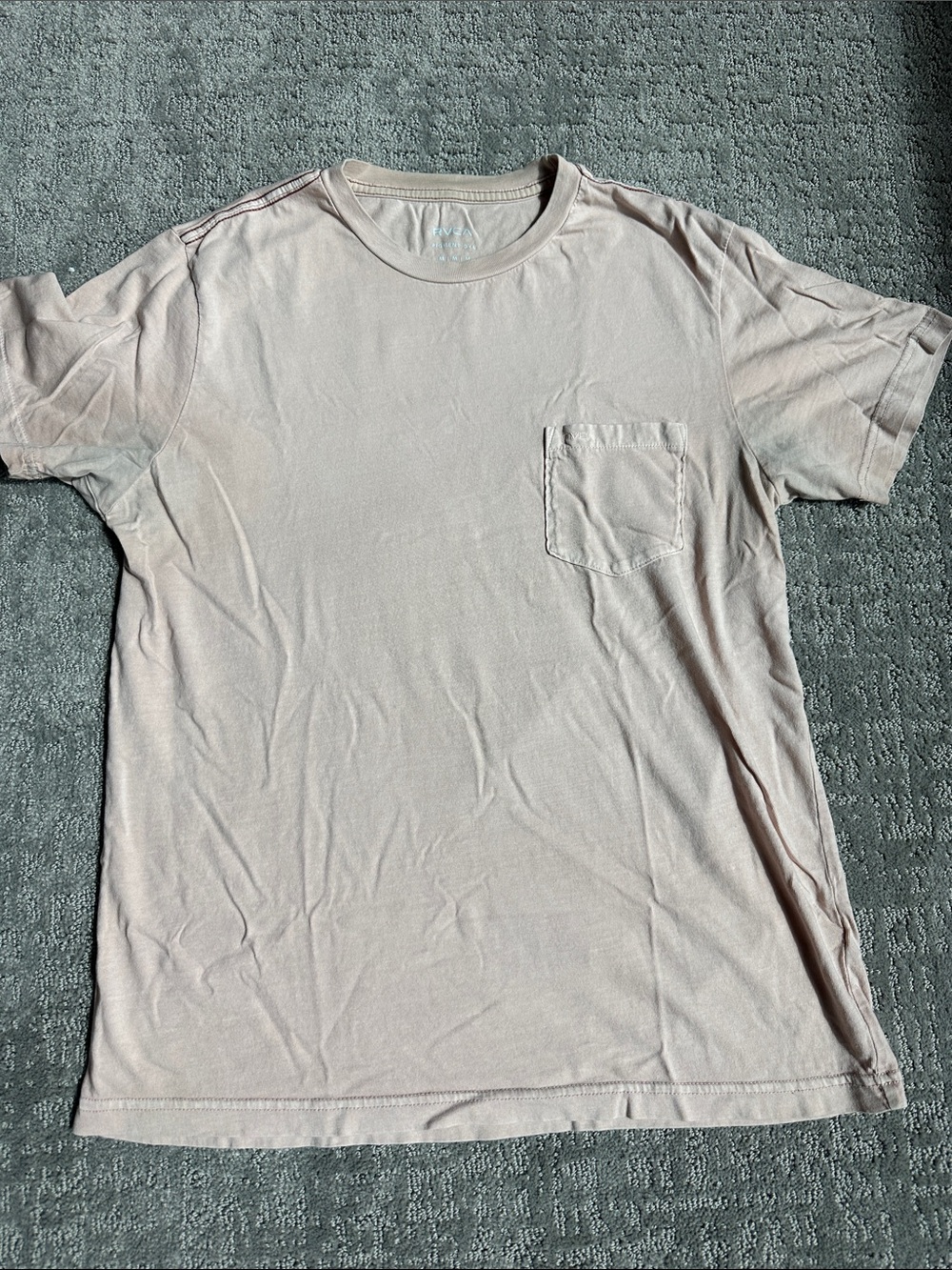 RVCA Men's Short Sleeve Vintage Pigment Dye Red Stitch Pocket Tee - Light Cream